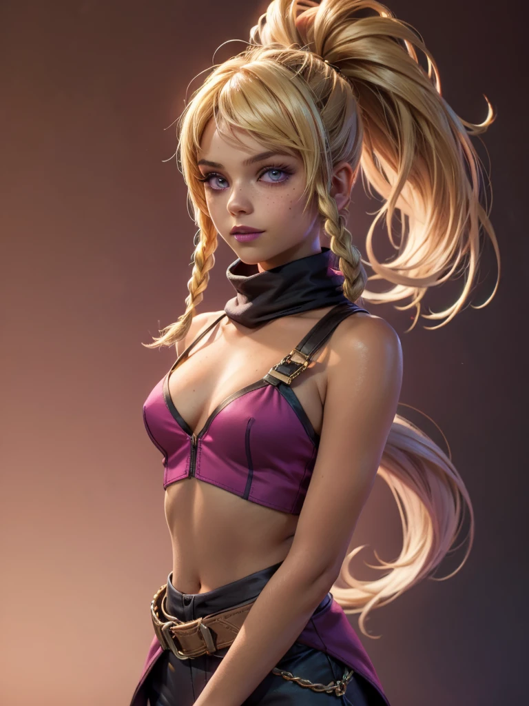 1girl, (()), ((deep tan skin)), freckles, eyebrow scar, (((blonde hair))), two-tone hair, dark fuchsia tips, dark fuchsia highlights, (dark fuchsia eyes), wild hair, (((ponytail))), dark fuchsia clothes, dark orange clothes, topless, belt across chest, flat chest, small breasts, large mauve scarf, asymmetrical gloves, belts, greenscreen background, blank background
