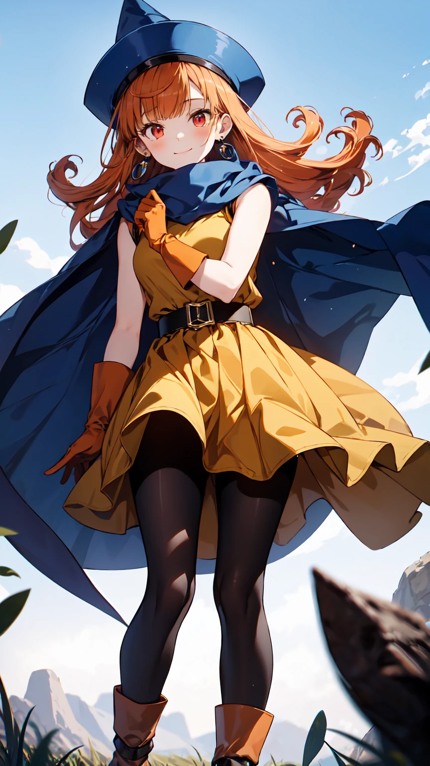 Arena - DQ4, DQ4 Arena,Black Pantyhose,Blue Cape,Blue hat,boots,Curly Hair, earrings,Long Hair,Orange gloves, orange hair,Red eyes,Sleeveless,Yellow Dress, Yellow Skirt , 1 girl, Alone, Face-to-face audience, ["Gazing at the viewer, smile, random pose, grassland