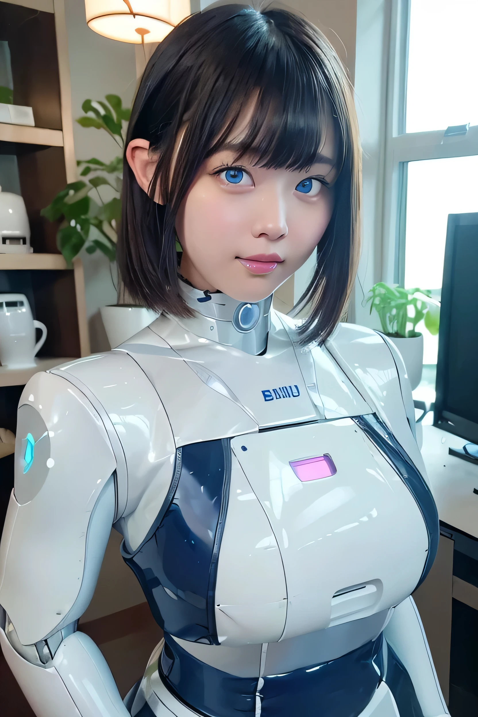 masterpiece, best quality, extremely detailed, Japanese android girl,Plump,chubby,control panels,robot arms,robot,android,cyborg,white robot body,ceramic body,perfect robot girl,blunt bangs,robot repair plant,chubby,skirt,blue eyes,office-lady