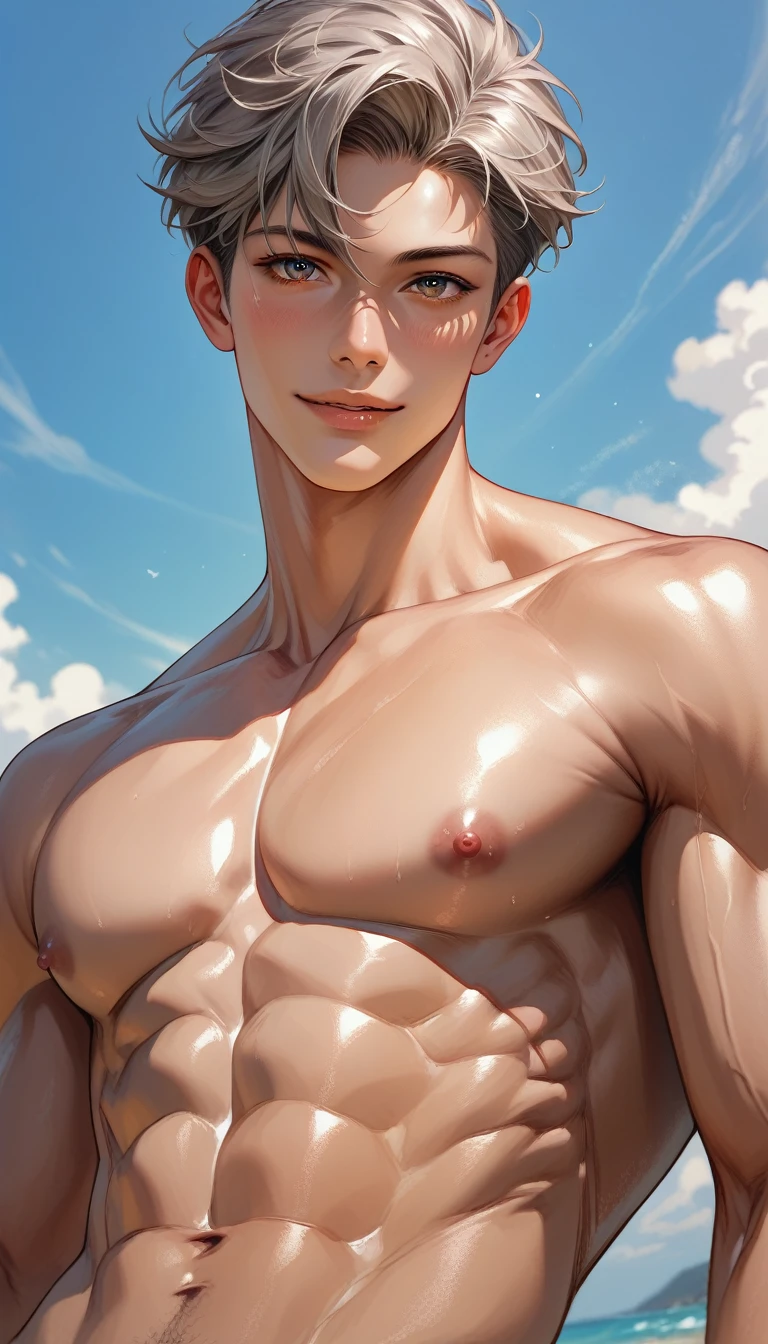 smiling blond boy, high quality, (american 50 y/o man ), (detailed eyes), (grey short hair), (abs), naked, (dark shiny skin), (detailed puffy nipples), looking at viewer, (upper half of the body), (grey body hair)