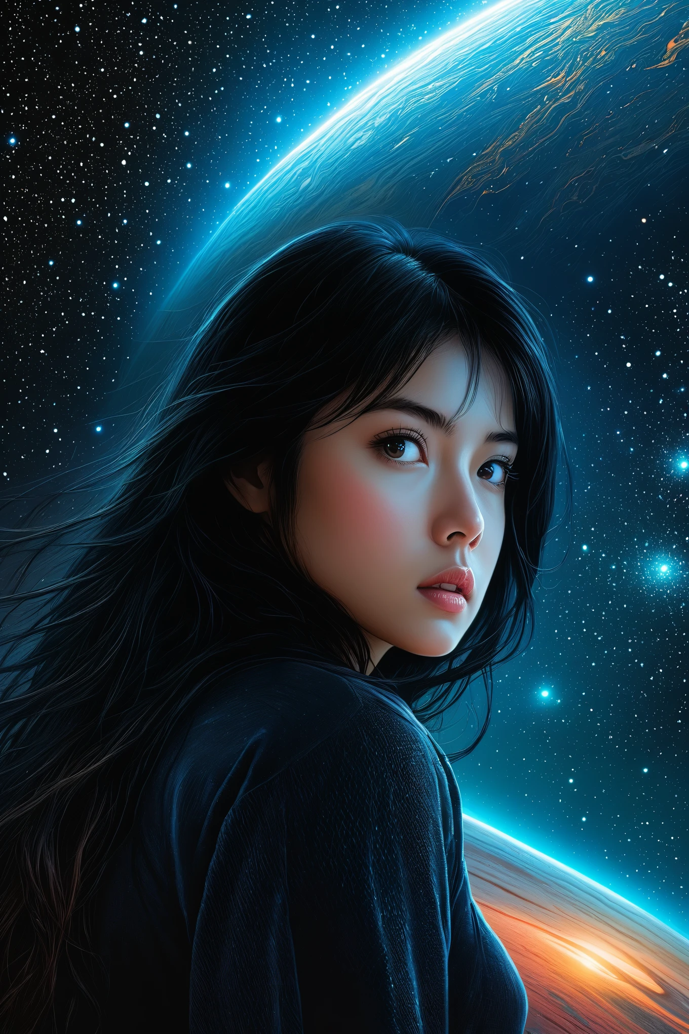 realistic, masterpiece, Melhor qualidade, detailed,1 girl, (black hair:1.2), hypnotic colors of deep space ,hyperspace insane masterpiece,huge detailed scene, ( depth of field :1.3)
