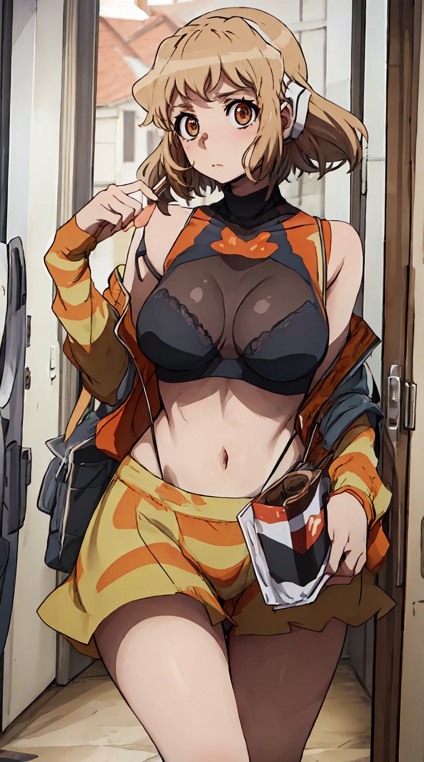   score_9,   score_8_up,   score_7_up, sauce_ anime 1 girl  , throw, (Telephone), Hibiki Tachibana, standing, Tank tops, doorway, front door,  answer the door , knock on the door  ,  open the door , Bare shoulders,   mind control, Hypnosis App,  light brown hair,   Brown Eyes  ,   medium hair with bra off,  staring at viewers, heart, Wooden floor, Home, Blank Eyes, Chest, Heterosexual, evaluation_i doubt it