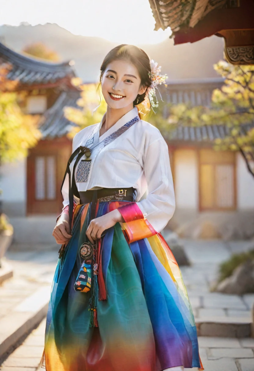 Realistic photo, full body. Young beautiful smiling woman wearing Hanbok and traditional shoes. Natural beauty, beautiful eyes, perfect smooth skin. Gentle warm sunlight, vibrant colors, soft focus, soft bokeh, dramatic backlight. Best quality, a masterpiece.