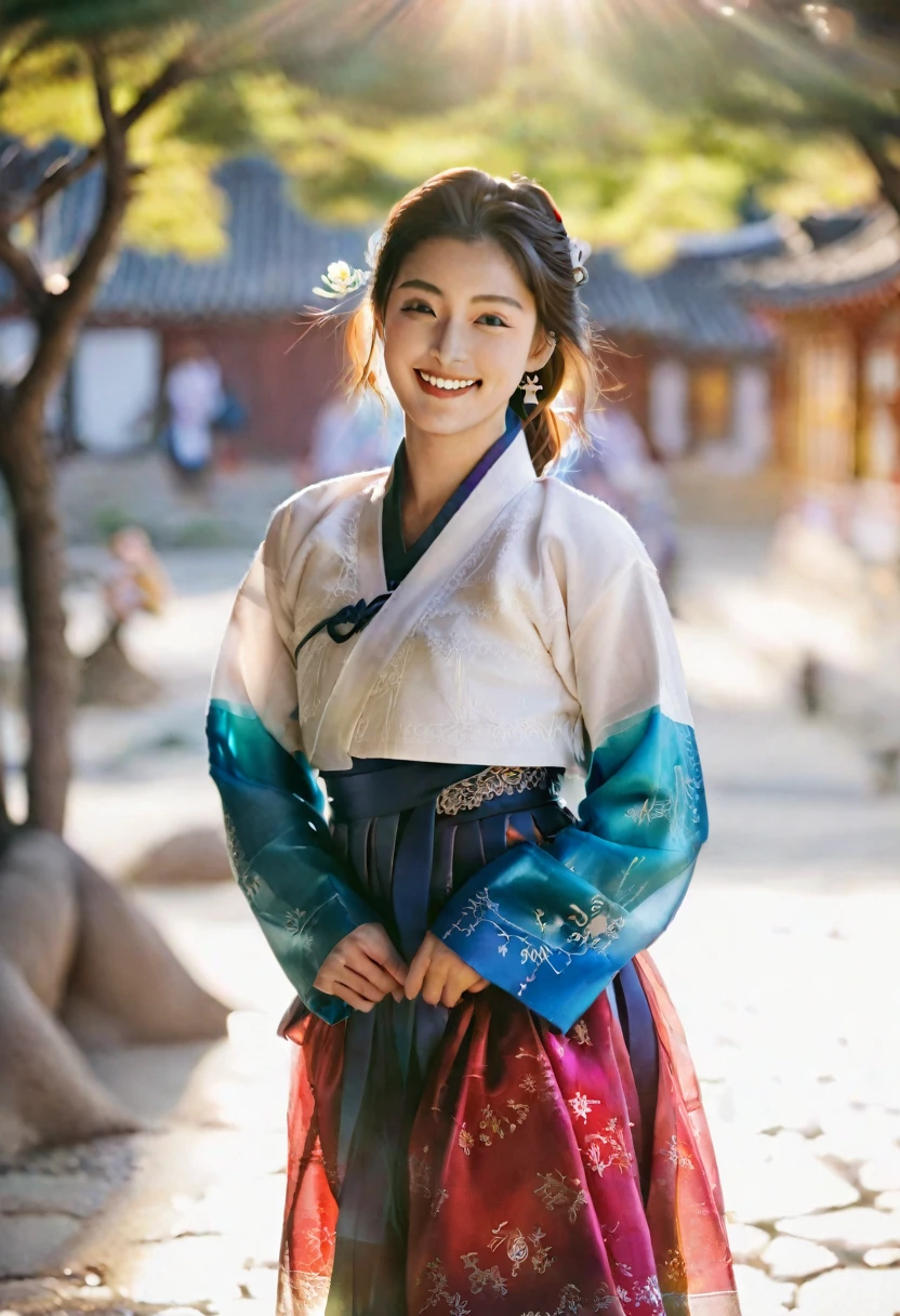 Realistic photo, full body. Young beautiful smiling woman wearing Hanbok and traditional shoes. Natural beauty, beautiful eyes, perfect smooth skin. Gentle warm sunlight, vibrant colors, soft focus, soft bokeh, dramatic backlight. Best quality, a masterpiece.