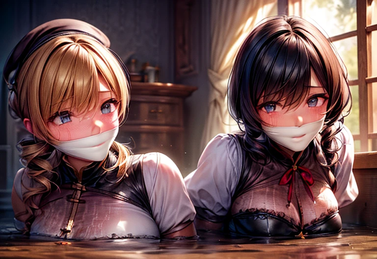 girls, Slightly High Resolution , tears, Wet, Student Uniform, uniform, dark, Sink, blue Swamp, Sink, Drowning, Sticky, Muddy, Sticky, (Best Quality,4K,8k, High Resolution ,masterpiece:1.2),Ultra-detailed,(Realistic,photoRealistic,photo-Realistic:1.37),(Complex,Advanced Details:1.4), dramatic lighting,Whimsical atmosphere,(dark fantasy,gothic:1.2),dramatic,dark,Unlucky,gag,