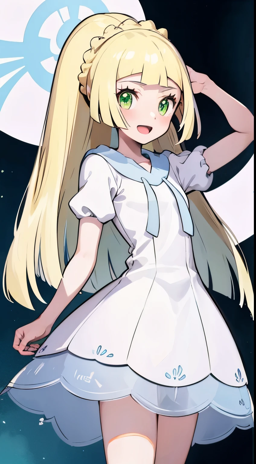 One girl,a blond,poneyTail,lillie,Green eyes,arms back,nimbly,Beautiful steppe,Good luck Lily,A pokémon,White Dress,Raising,verd s eyes,small ,Smile with open mouth,Beautiful steppe,blushed face,closing eye,huge smile,Top image quality,masutepiece,Best Quality