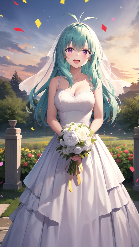 masterpiece, best quality, highres, aarej, solo, long hair, antenna hair, purple eyes, wedding dress, white dress, standing, cowboy shot, holding bouquet, smile, open mouth, confetti, garden,