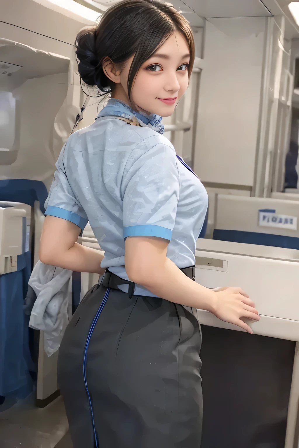 (masterpiece:1.2, Best Quality:1.2), 32K HDR, High Resolution , (Alone、1 girl)、(on board、Professional Lighting)、In-flight background、(ANA flight attendant uniform blueを着たリアルスタイル)、((ANA flight attendant uniform blue short sleeve blouse 、 ANA flight attendant uniform blue skirt with blue line on the back、Scarf around the neck))、Dark brown hair、(Long Hair、Hair tied up、Hair tied up)、Dark brown hair、 long shot、Big Breasts、Thin legs、((Great hands:2.0)),(( Harmonious body proportions:1.5)),((Normal limbs:2.0)),((Normal finger:2.0)),((Delicate eyes:2.0)),((Normal eyes:2.0)))、smile、(ANA flight attendant uniform blueを見せた美しい後ろ姿)、Hands down
