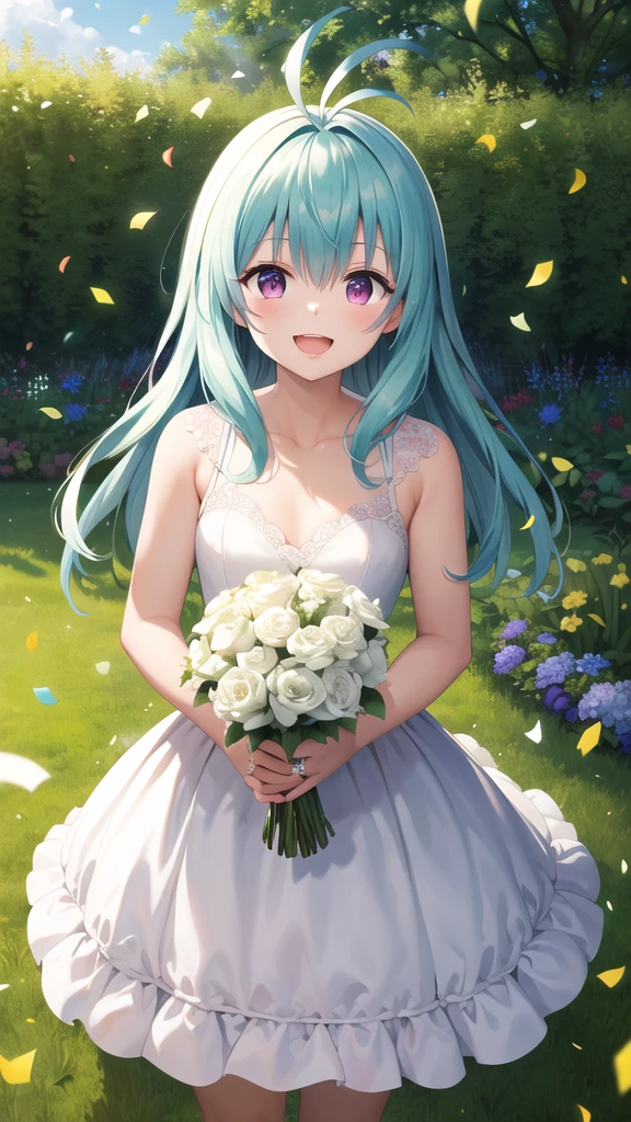 masterpiece, best quality, highres, aarej, solo, long hair, antenna hair, purple eyes, wedding dress, white dress, standing, cowboy shot, holding bouquet, smile, open mouth, confetti, garden,