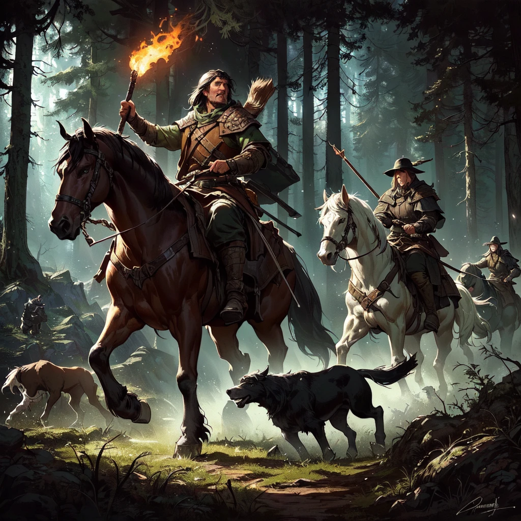 there are three men riding horses in the woods with two dogs, adventuring , painted by andreas rocha, by Andreas Rocha, medieval fantasy game art, epic rpg artwork, roleplaying game art, epic fantasy d & d hobbit rogue, the wild hunt, by Johannes Helgeson, from vermintide 2 video game, by Darek Zabrocki