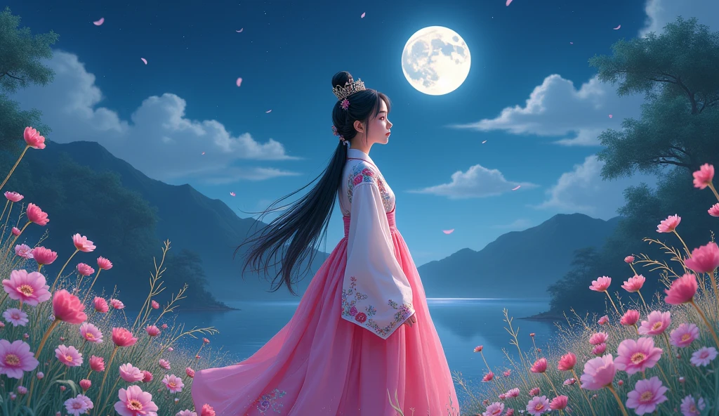 Best, tall_settle, distinct_Image of a, Detailed background ,girl, Hanbok,florals,florals园,themoon, the night,holland angle, wide wide shot, diadems,
