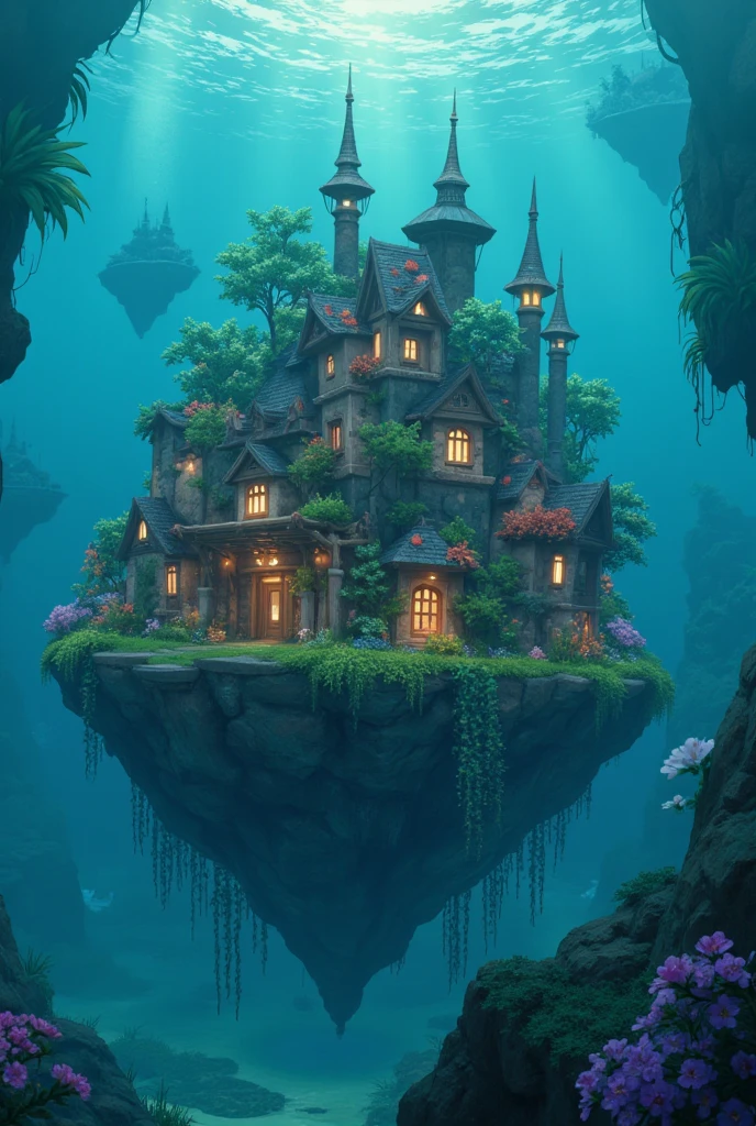 colours (fanciful: 1.2), (in style of hayao miyazaki), (Irregular buildings floating on the sea), Patchwork cottage, floral decorations, lamp lights, Concept art inspired by Andreas Rocha, Artstation Contest Winners, fanciful art, (an underwater city), Ross Chan, Axis, realistic illumination, tmasterpiece, high qulity, Beautiful graphics, high detal, tmasterpiece, high qulity, Beautiful graphics, high detal, 