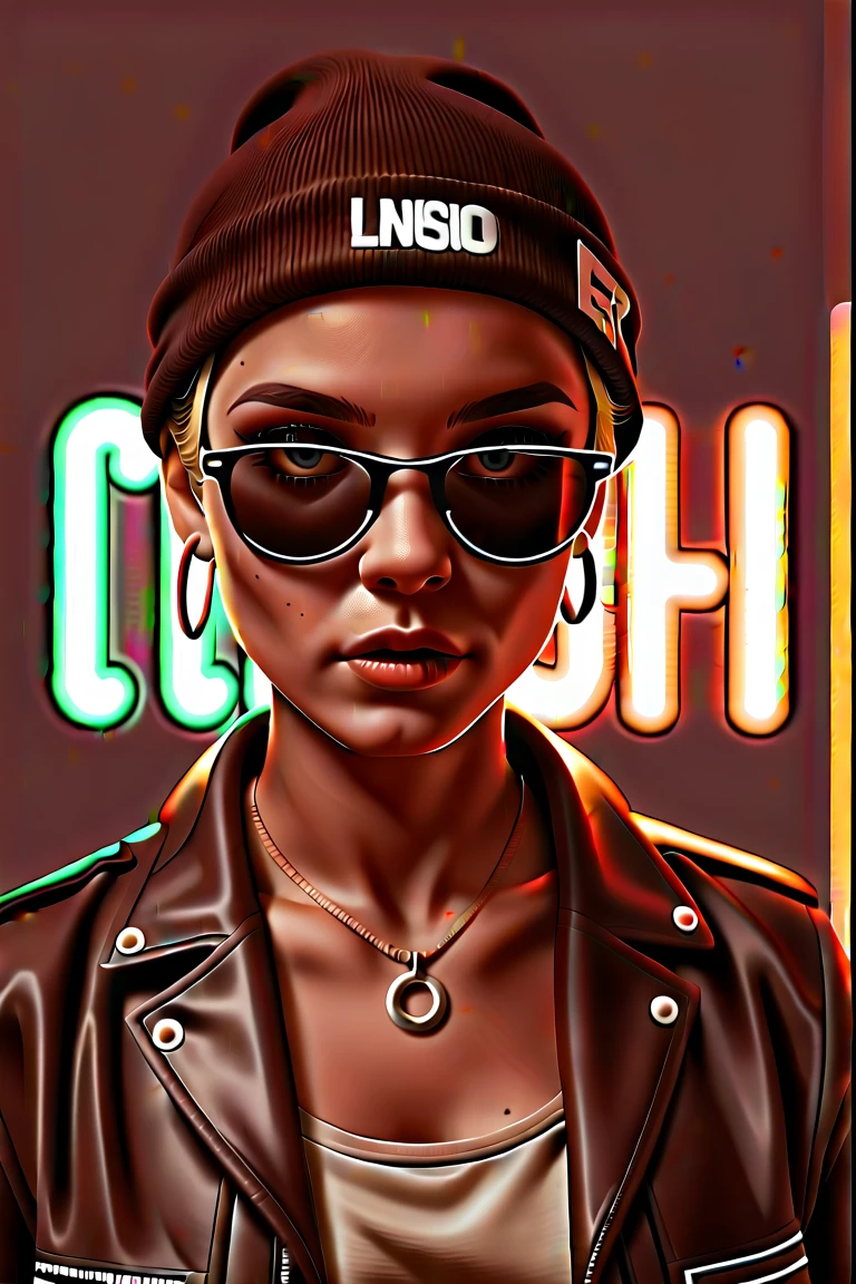 Face close up, alternative girl, watching over black sunglasses, jacket, necklace, neon light reflections on skin, ear ring, makeup, skin imperfection, short hair, beanie, neon lights background, low light, depth of field, highly detailed, high contrast, film grain, Rim Lighting, Long Exposure, DSLR