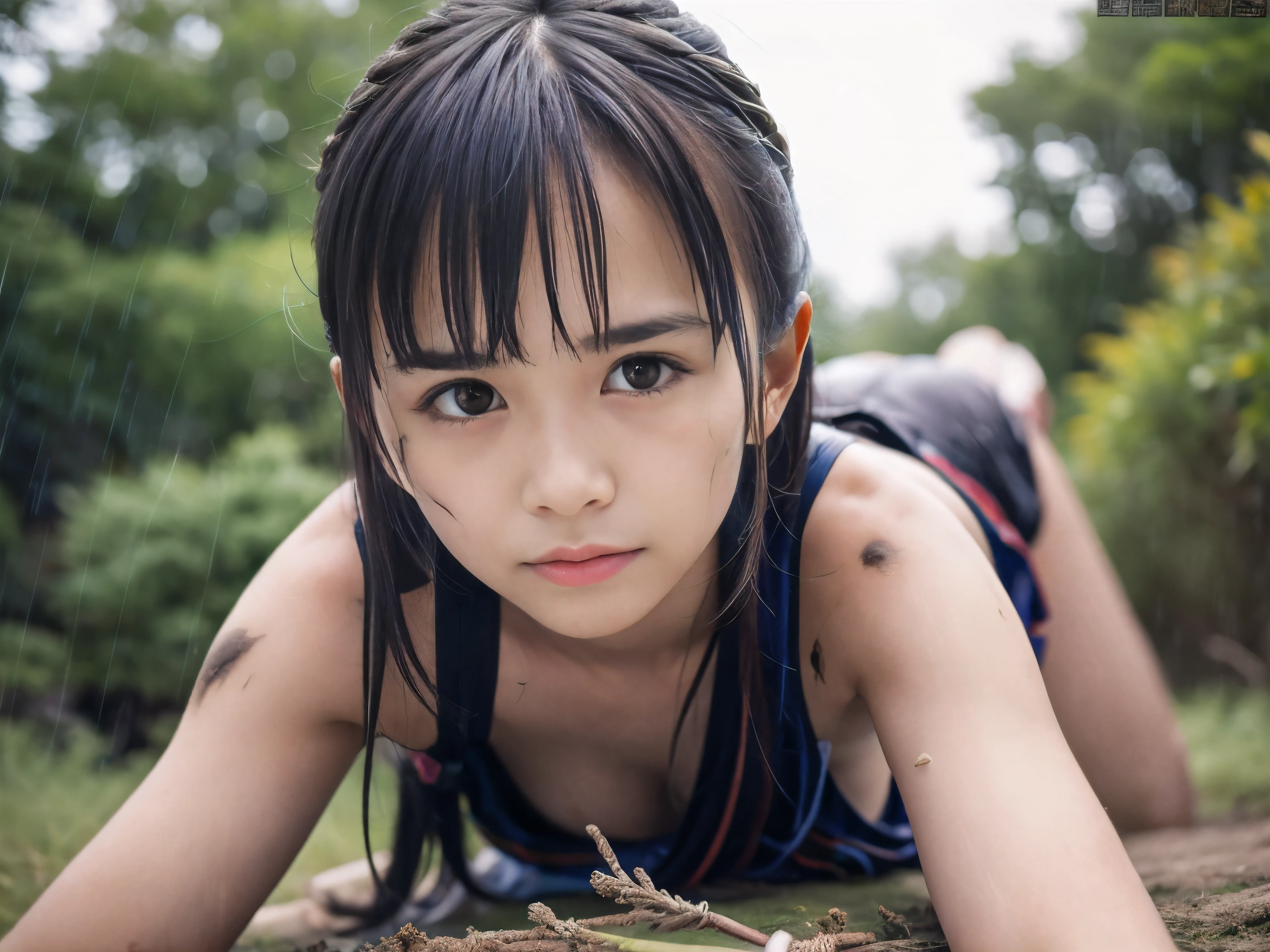 (Close up high angle shot of one naked slender small breasts half up brown long hair with bangs girl in a samurai black armor:1.5)、(One naked girl lying with her back behind on the wilderness land at the Sengoku period in Japan with crying dirty face:1.5)、(Heavy raining wilderness land:1.5)、(blurred background:1.5)、(Natural light:1.5)、(8k ultra detailed master piece:1.5)、(perfect anatomy:1.5)、(Photorealistic stick:1.5)、(Raw photo:1.3)、(highest quality:1.5)、(High resolution:1.3)、(Delicate and beautiful perfect face:1.3)、(Delicate and beautiful eye air skin:1.3)、(Real Human Skin:1.3)、((thin legs))