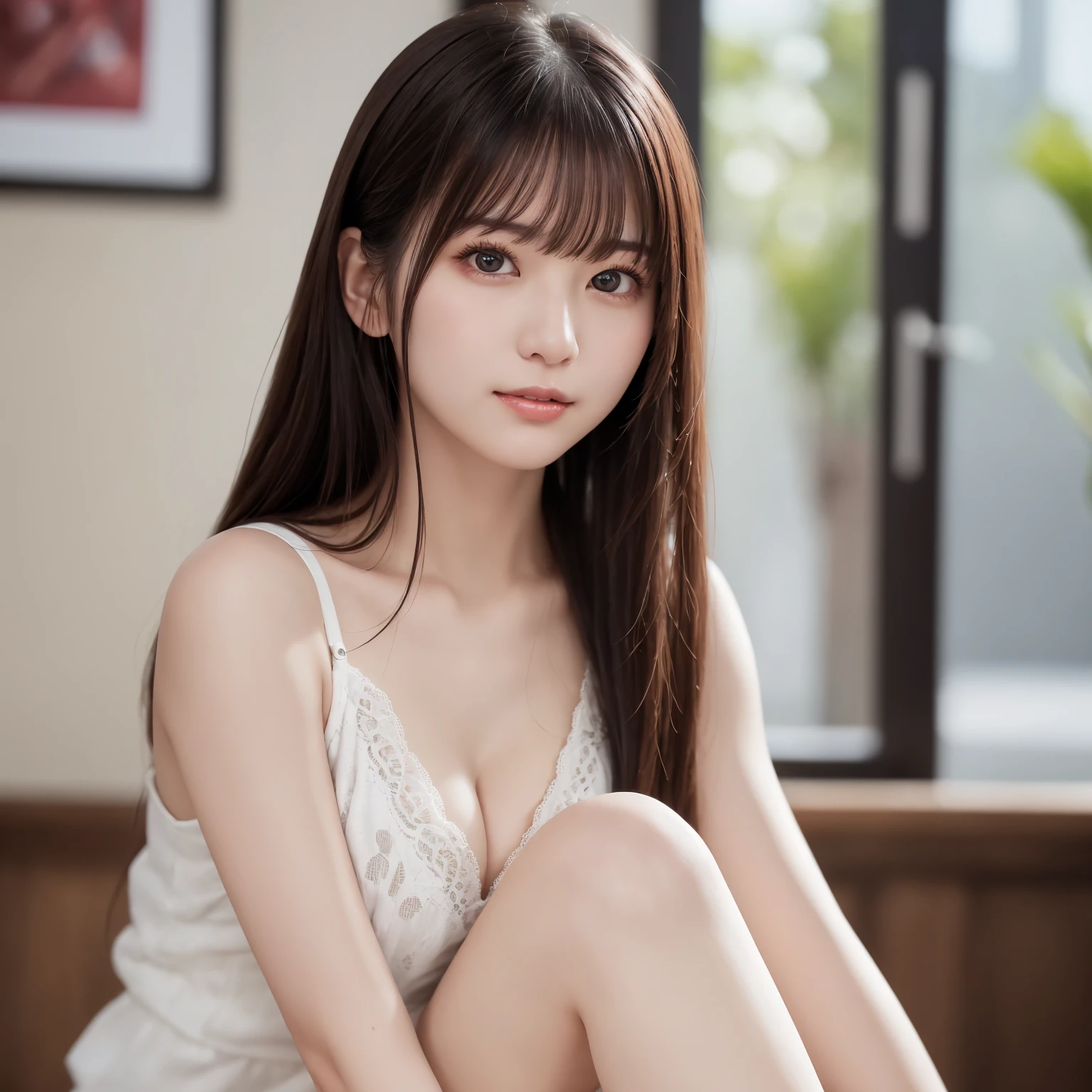 白シャツ、Complex and beautiful eyes、woman、Womanly black hair、(Delicate and realistic hair、1 bottle１Realistic hair)、bangs、Natural Color Lip、smile、((White indoor))、indoor、((18歳woman:1.******ung and adorable Japanese face, Official Art，Highly detailed CG Unity 8k wallpaper，（masterpiece:1.0),(Best Quality:1.0), 超High resolution,4K,Very detailed, photo shoot, 8k, nffsw, High resolution, Kodak Portrait 400, Film Grain, Lens flare glow,高いest quality,8k,nffsw:1.2),Portrait Shot,8k、Show Viewer, (((Front View))), (((Front View))), ((Facing))、Body facing forward、Bold cleavage、Firm breasts、Small face, ((Bare legs))、Highest quality、Super beautiful images、stand up、(肩から頭 : 1.8)