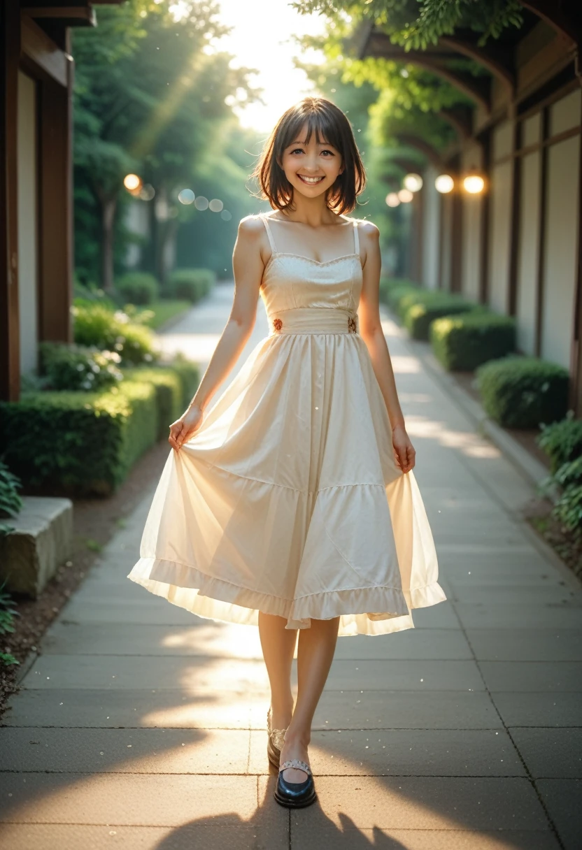 Realistic photo, full body. Young beautiful smiling woman wearing Hanbok and traditional shoes. Natural beauty, beautiful eyes, perfect smooth skin. Gentle warm sunlight, vibrant colors, soft focus, soft bokeh, dramatic backlight. Best quality, a masterpiece.