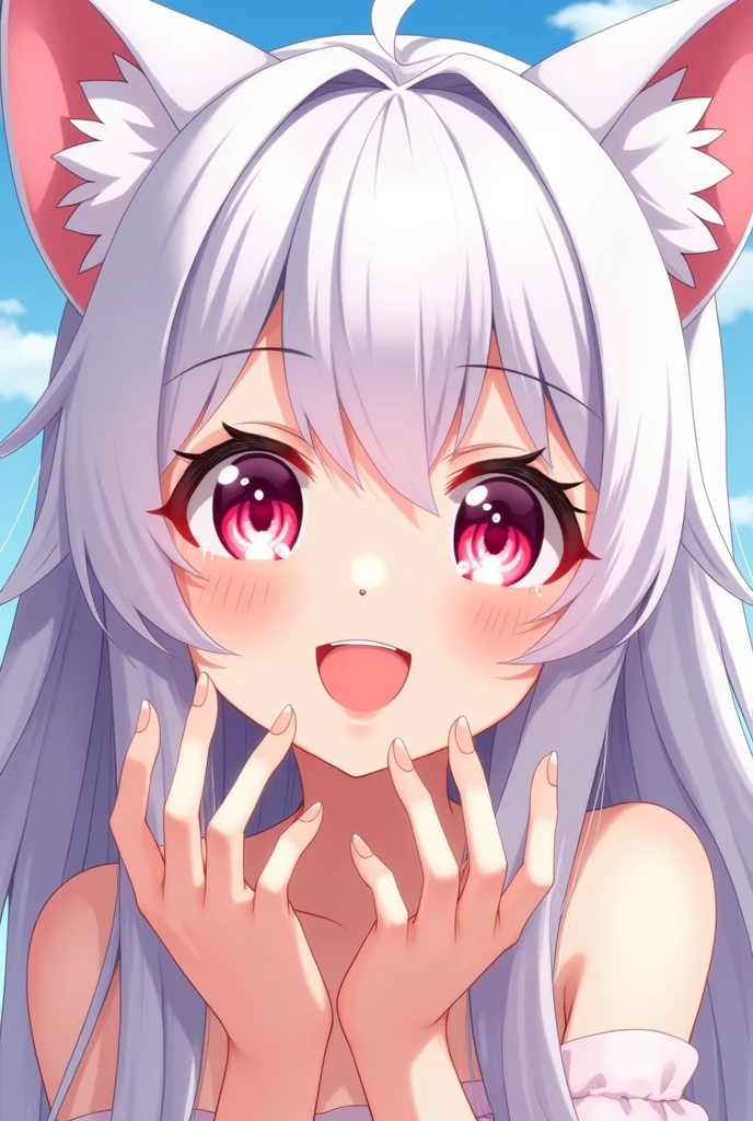 (finger in another's mouth:1.4), fiday, pov, pov_hands, (fang, teeth), open mouth, ((red eyes)), wolf tail, white hair, tokin hat, 1girl, <lora:InubashiriLORA-05:1> <lora:FangInspectionDayV2:1>