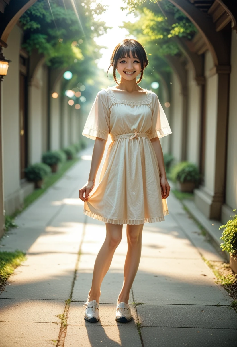 Realistic photo, full body. Young beautiful smiling woman wearing Hanbok and traditional shoes. Natural beauty, beautiful eyes, perfect smooth skin. Gentle warm sunlight, vibrant colors, soft focus, soft bokeh, dramatic backlight. Best quality, a masterpiece.