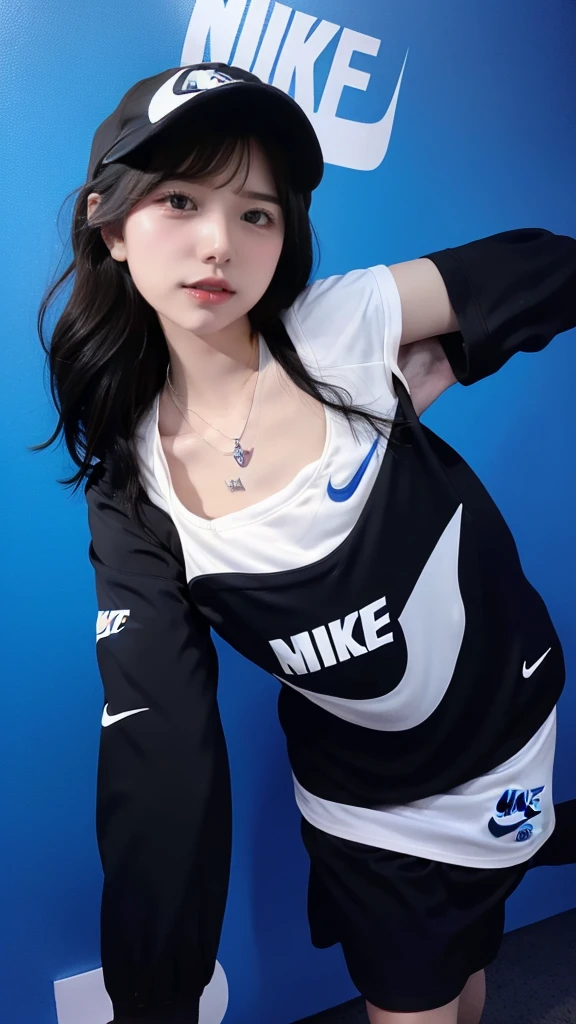 (smile:1.2), There is a woman in a white shirt and blue shorts, 80s sport clothing, clothes in the style of 1990, wearing adidas clothing, 1980's Minimal, dressed in a white t-shirt, 1980s catalogue photo, Clothed.1990's, 90s japan, Beautiful images
