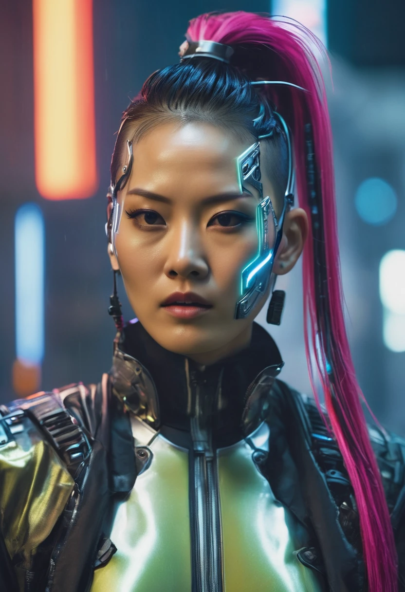 A sexy asian female cyborg, fringe and ponytail hairstyle, cyber-punk 