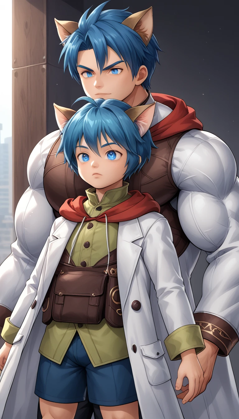 ((Blue haired cat ear boy)),Wearing a white coat,(((Baby face boy))),Shorts,Anatomically correct, (((8k resolution))),He is holding a thick dictionary.,Bodybuilder-like muscles,Big Wings,A thick chest peeking out from the open chest,Green Shirt,Pull down the orange hood on your neck,((Devilish body,evil magic circle,Zombie or demon,Ejaculate)),Crying with big mouth open,Grit your teeth,Drooling,Always wear cat ears,Huge muscles,4boy,muscles like the hulk,((Huge penis,Anal Sex)),Pitch black skin,Faint,A roar of strength,Milking,cyborg,(((((2boys,Side-by-side portraits)))))