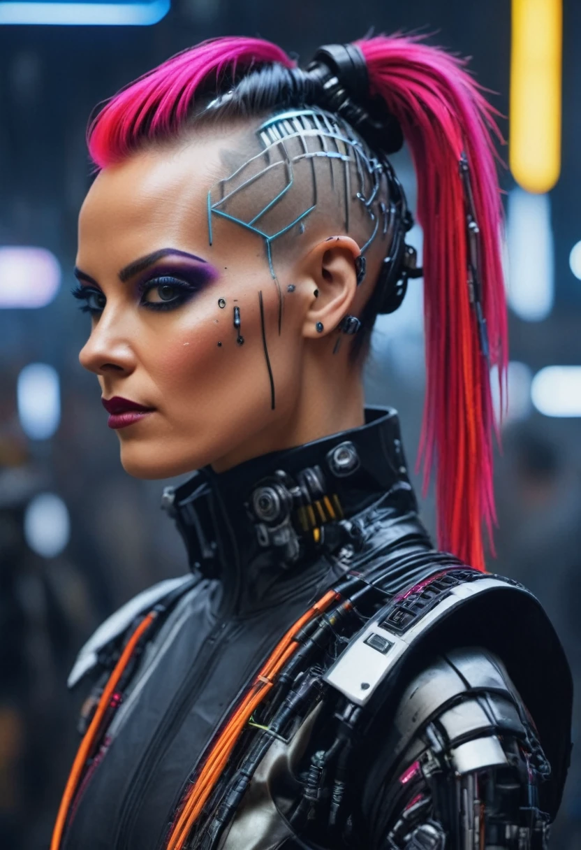 A sexy female cyborg, fringe and ponytail hairstyle, cyber-punk 