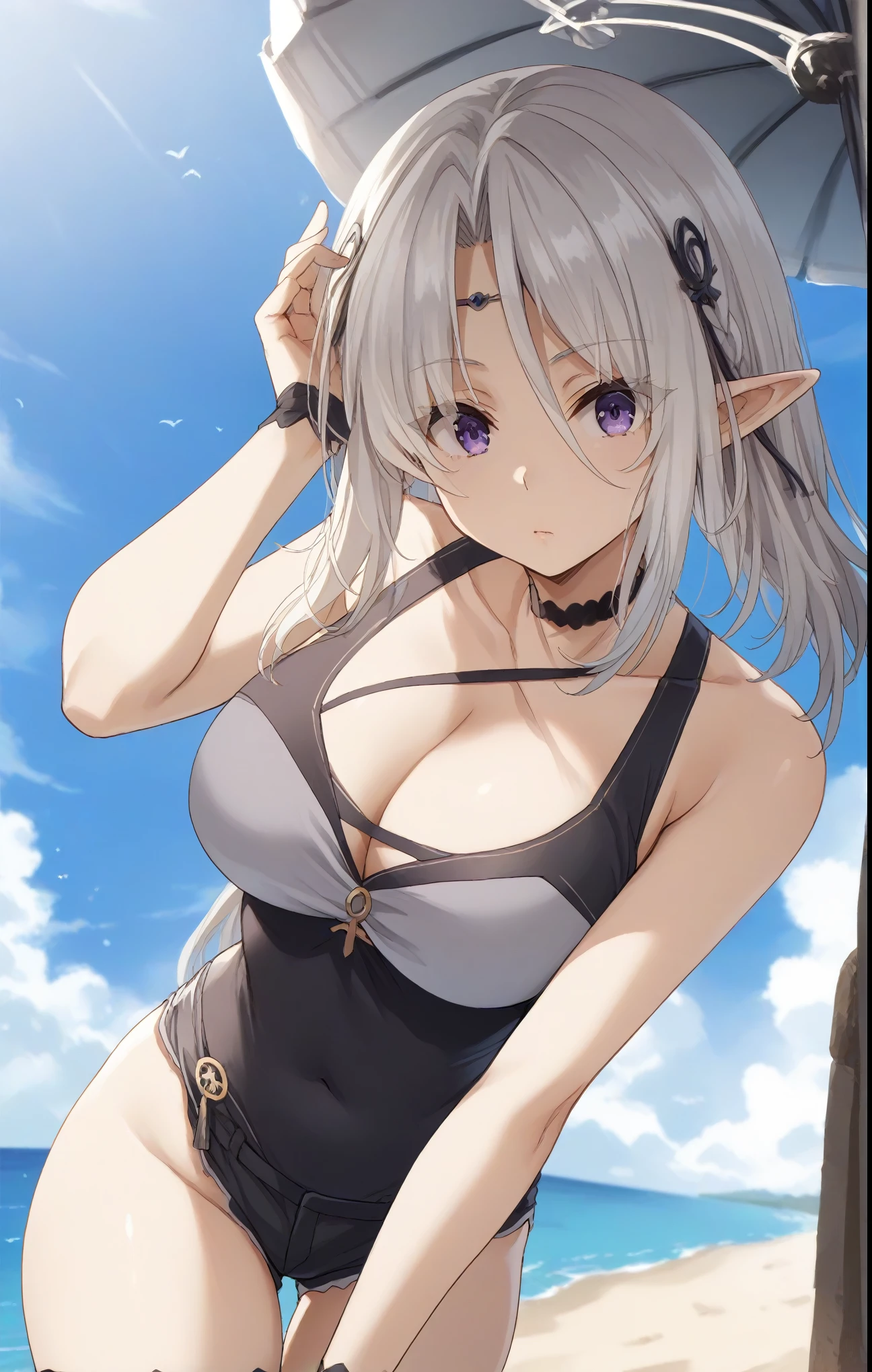 beatrix, long hair, bangs, purple eyes, white hair, pointy ears, elf, sheath, eyes visible through hair, hair ornament, thighhighs, gloves, navel, shorts, choker, black gloves, short shorts, black shorts, cleavage, bare shoulders, halterneck, criss-cross halter