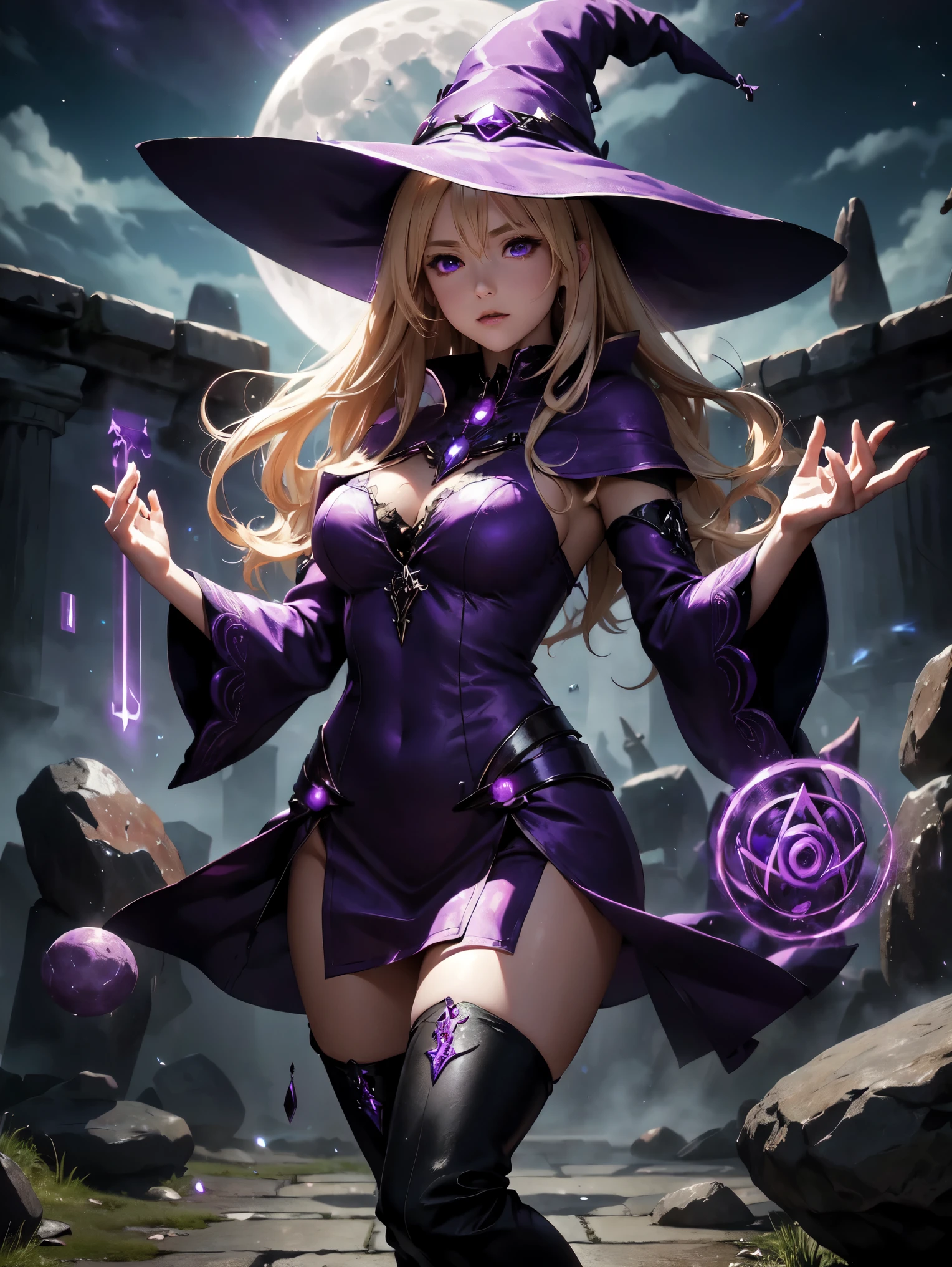 A blonde anime witch wearing a tight purple dress with matching thigh-high boots and a large purple witch's hat. She is casting a spell in front of an ancient stone altar, with glowing purple runes swirling around her hands. The full moon casts a soft glow on her figure, highlighting her curves.