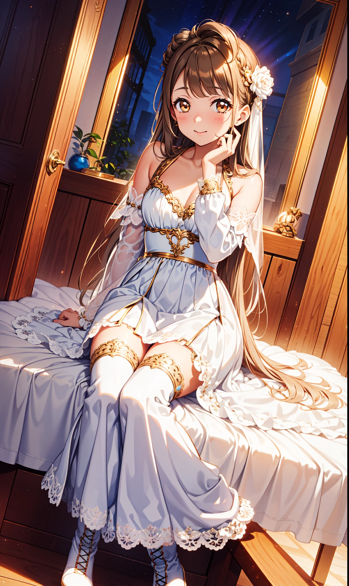 Teenage Girl，obsessed， Have Fun ，in love，(Western magic white clothes)， brown hair ，Golden Eyes，Transparent clothes，Exquisite hair accessories，Transparent lace，Sky blue pattern，night，Dress nicely，bedroom，solitary，night，Engraved suspender boots， Slim Beautiful Face ，