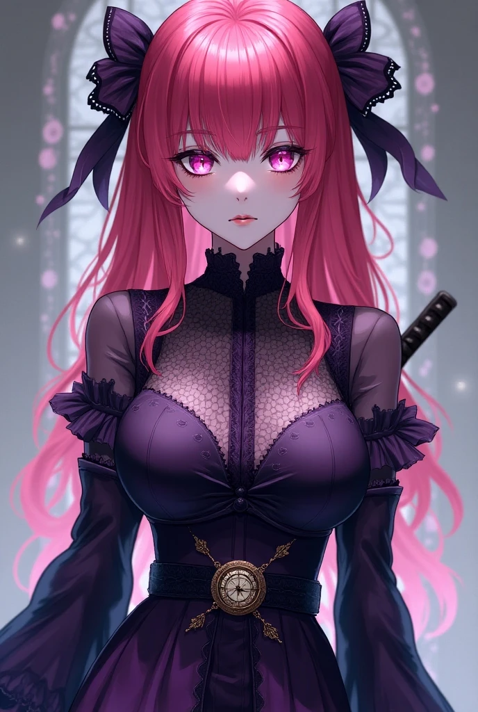 anime woman, milf, sukuna jujutsu kaizen, has pink hair, tattoos on the face and other parts of the body like black lines, wears a black and white kimono, has red eyes, She is muscular and tall, sexy, defined hips, large exposed breasts with pink nipples