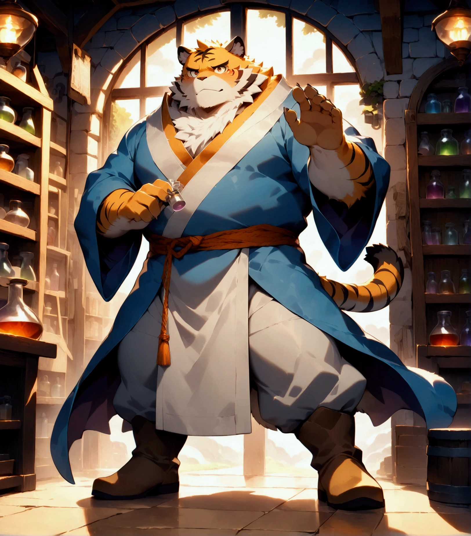 character focus, full body, looking away, dynamic angle, alchemist, a plump middle-aged tiger man, little smile, alchemy robe, standing, (shaking a test tube), elegant pose, BREAK complete anatomy, perfect proportions, beautiful thigh gap, fluffy body, intricate fur details, beautiful fur texture, BREAK detailed elegant tiger tail, detailed boots, beautiful foot, detailed hands, 5fingers, 5fingers nails, BREAK aesthetic anime face, insanity detailed face, male face, big face, square jawline, aesthetic anime eyes, detailed brown eyes, detailed brown cornea, detailed dark brown irises, detailed pupils, male eyes, big eyes, male eyebrows, innocent look, beautiful beard, BREAK full body in Michelangelo Buonarroti style, digital illustration anime, detailed painting landscape, afternoon, alchemy shop, indoor, full color, HDR, BREAK masterpiece, official art, best quality, very aesthetic, absurdres, super fine illustration, great quality, BREAK noise reduction, very highres, large filesize, high quality, 32K, 8k wallpaper, dynamic lighting, BREAK insanity detailed, ultra detailed, intricate details, extremely detailed, detailed texture, an extremely delicate and beautiful, BREAK osukemo, e621 illustration, Fur Affinity illustration, kemohomo, housamo, anthropomorphic, furry, cartoon, harmonic body, pastoral face, virtuous eyes, epic atmosphere