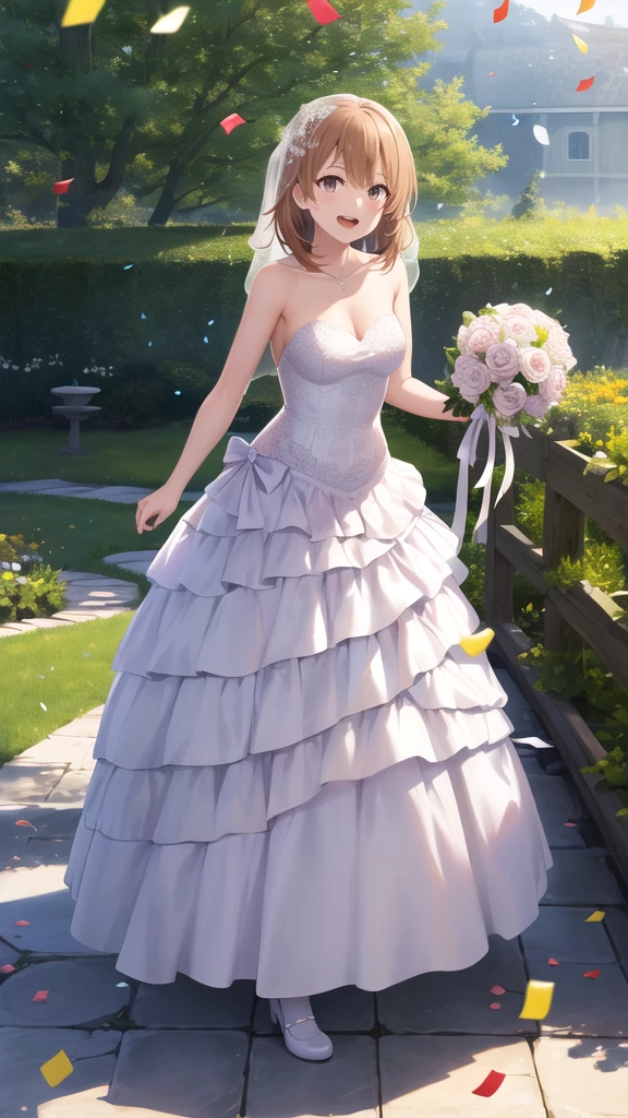 masterpiece, best quality, highres, aairoha, medium hair, full body, wedding dress, standing, garden, confetti, holding bouquet, smile, open mouth,n,