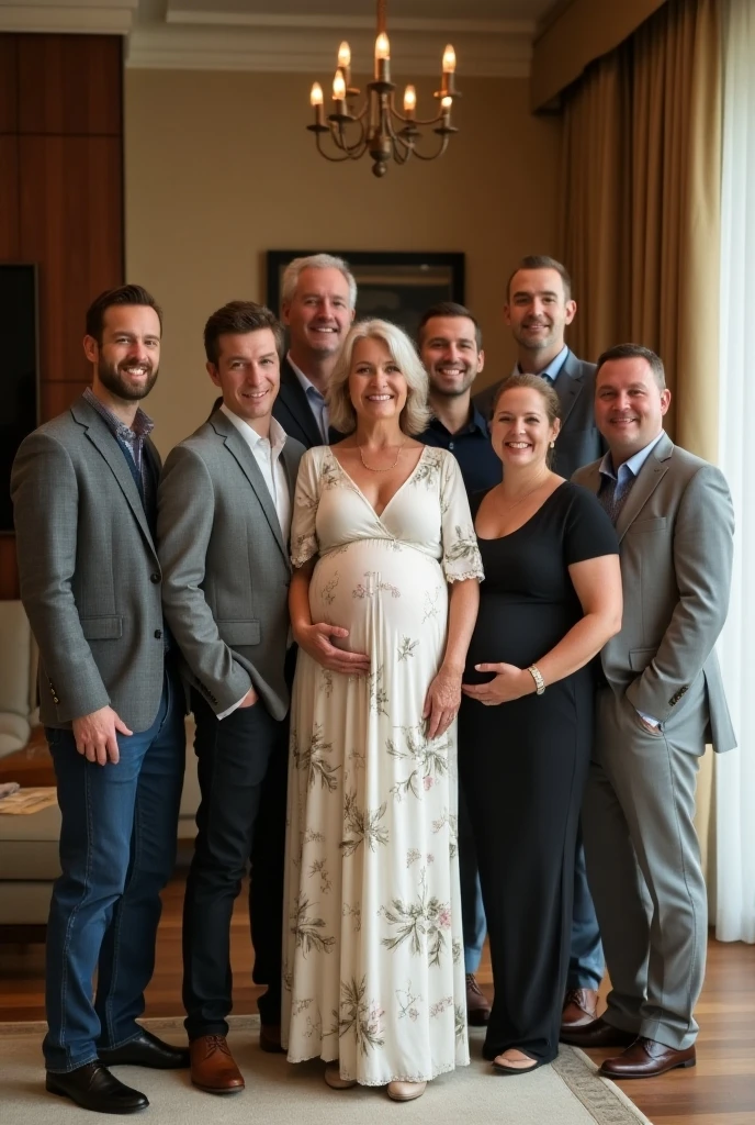 A handsome 45 year old man is with his 4 very beautiful wives and they are pregnant, the background is on the terrace of a luxurious and magnificent house