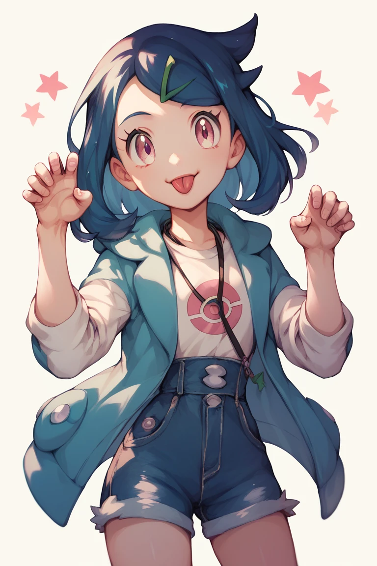 liko \(pokemon\), blue hair, hair clip,white shirt, hooded jacket, open jacket, denim shorts,happy,paw pose,tongue out,dark pink eyes