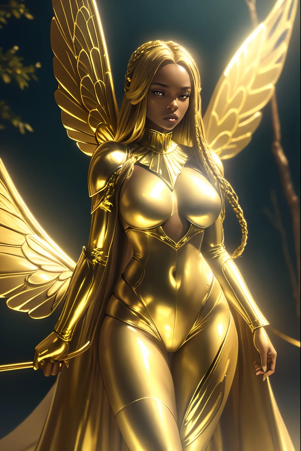 Ultra-realistic, 4k, professional photo, closeup of a 22 year old black girl, gold colored girl, gold skin, facing viewer, long golden dreadlocks hair, golden skin, gold colored skin,  teal outfit, gold skin, standing looking off to the side, fighting stance, ready to fight, HDR, detailed face, curvy body, large fairy wings, golden wings on her back, dragonfly wings, giant wings on her back, all gold, teal catsuit with diamond, teal colored outfit, gold outfit, diamond neclace, sparkling, Masterpiece, (lighting), (1solo), dark field background, few trees in an open field, person made of gold, realistic background, realistic photo