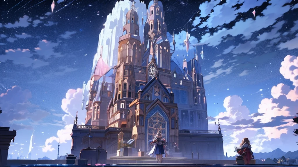 girl, I'm praying in front of a huge 30-meter-high vertical crystal floating in the air，High definition， anime style illustration， widescreen