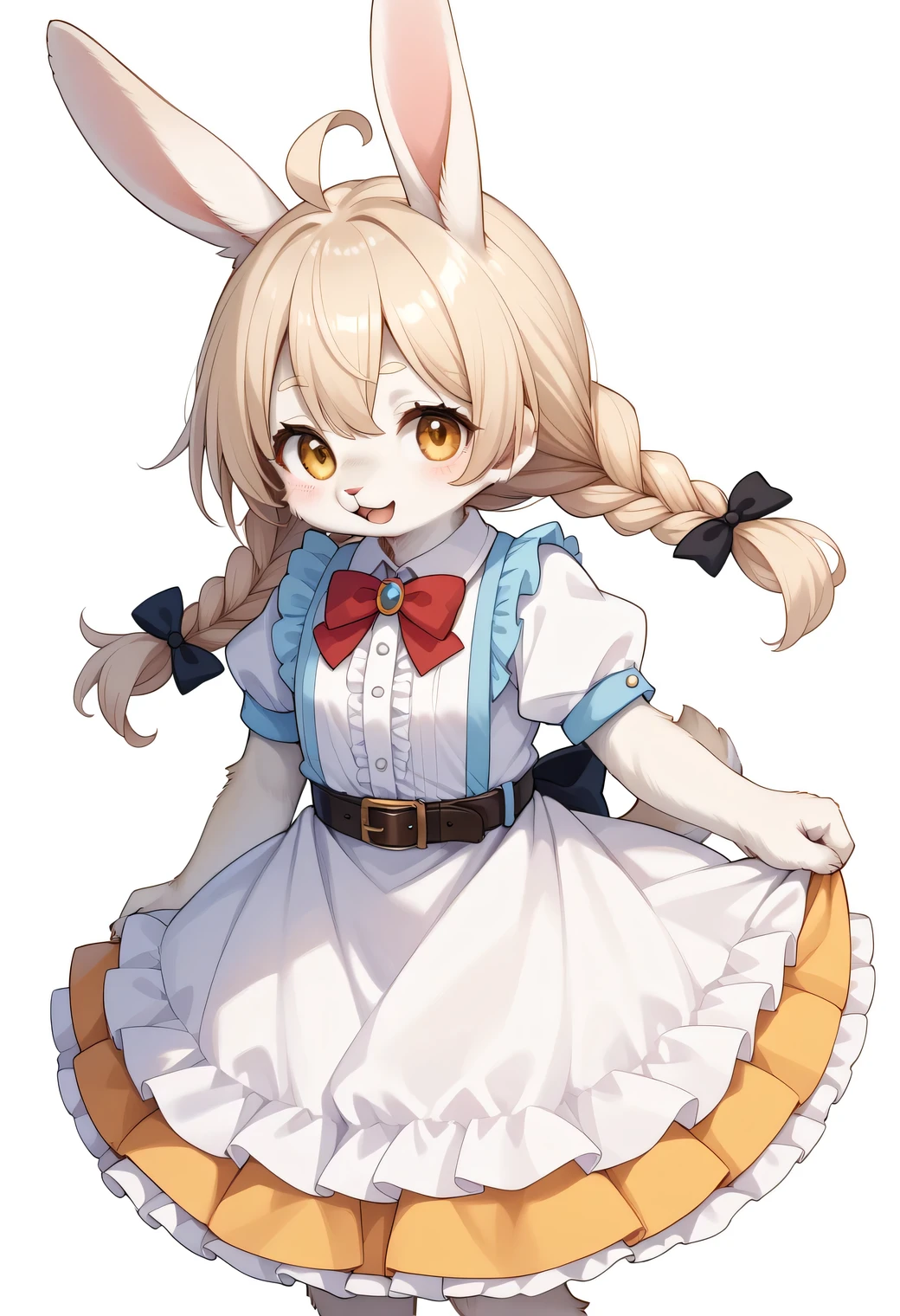 score_9, score_8_up, score_7_up, score_6_up, score_5_up, score_4_up, source_anime, best quality, amazing quality, very aesthetic, absurdres, 1girl, (furry, kemono:1.1), rabbit, ahoge, animal_ears, bangs, belt, bow, braid, brown_hair, frills, hair_between_eyes, rabbit_girl, long_hair, looking_at_viewer, open_mouth, puffy_short_sleeves, puffy_sleeves, short_sleeves, simple_background, skirt, solo, striped, tail, twin_braids, white_background, yellow_eyes,