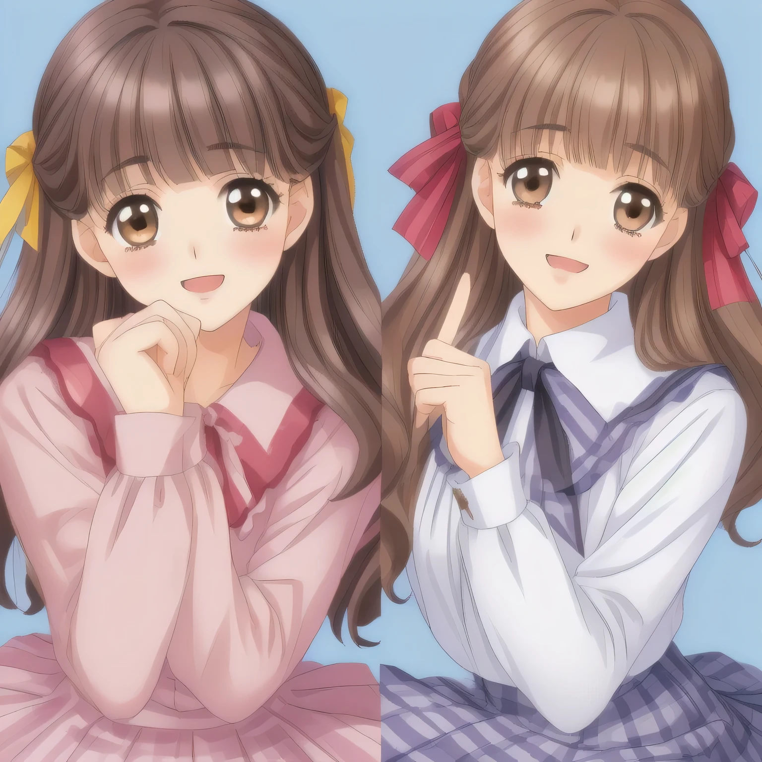 (highest quality, masterpiece: 1.6), (Too beautiful girls is coming from both side facing each other and kissing each other, Too Beautiful noble beautiful lying anime noble heroines, beautiful giggling noble elegant 15yot anime heroines wares completely white frilled girly blouse and navy plaid skirt is lying on a magical sexy bed and inviting me into deep harem of siren and succubi, Noble Elegant uniform: 1.5), (white white white frilled blouse: 1.2), (Anime-heroine's girly noble laughing giggling brown eyes: 1.6), (Realistic Charming neat navy-colored very-neat well-pleated long checkered plaid school skirt: 1.5), (light-blue background: 1.7), (Eyes, face and hair are especially beautifully detailed and beautifully drawn: 1.5), (Girl whom everyone loves because of her beauty and lovely fashion and noble manner and magic-charm like succubus: 1.0), (Very beautiful, wavy, cutely super-super-long straight gorgeous rich dark black hair like hair model, with elegant big yellow hair ribbons: 1.3), (beautiful black hair: 1.5), (Perfect body style like a fashion model)