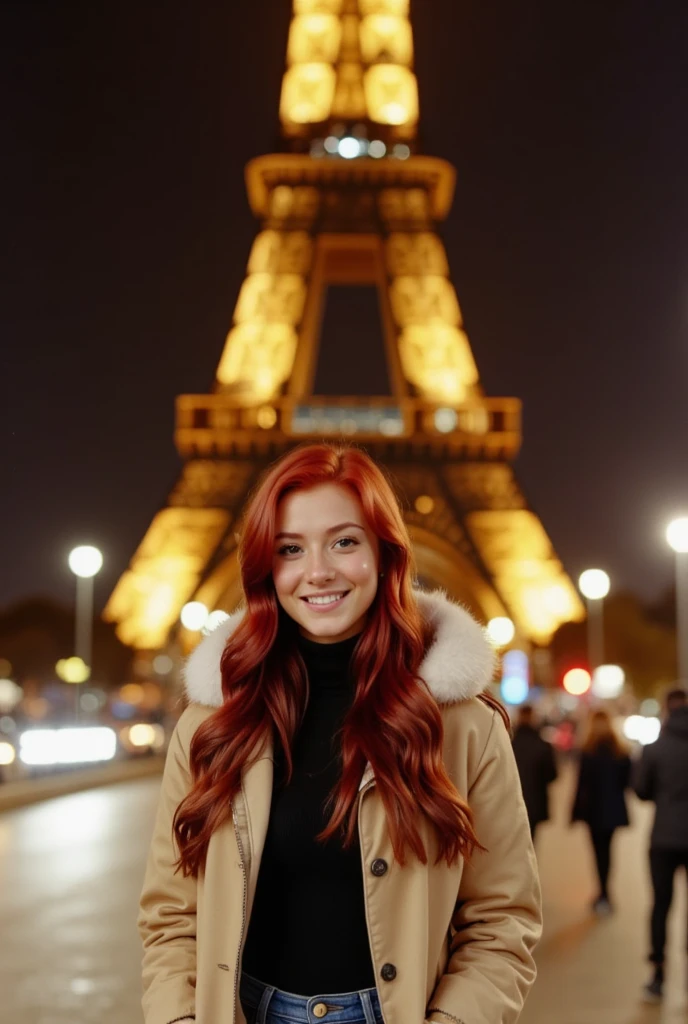 This photograph captures a young woman named vanessa with striking long, vibrant red hair standing in front of the Eiffel Tower at night. The woman, who appears to be in her mid-20s, has fair skin and a cheerful expression with a broad smile. She is dressed in a cozy, light beige, fur-lined parka with a high collar, which contrasts against her dark black turtleneck. She also wears high-waisted blue jeans that accentuate her slim figure. The background features the iconic Eiffel Tower illuminated with warm yellow lights, casting a golden glow against the dark night sky. The tower's structure is slightly out of focus, adding a dreamy, romantic atmosphere. The blurred background also includes several streetlights and a few pedestrians, suggesting a bustling urban setting. The overall color palette of the image is warm, with the woman's hair and the Eiffel Tower lights providing a striking contrast against the cooler tones of the night sky and the streetlights. The photograph captures a blend of modern fashion and classic Parisian landmarks, evoking a sense of urban elegance and timeless beauty.