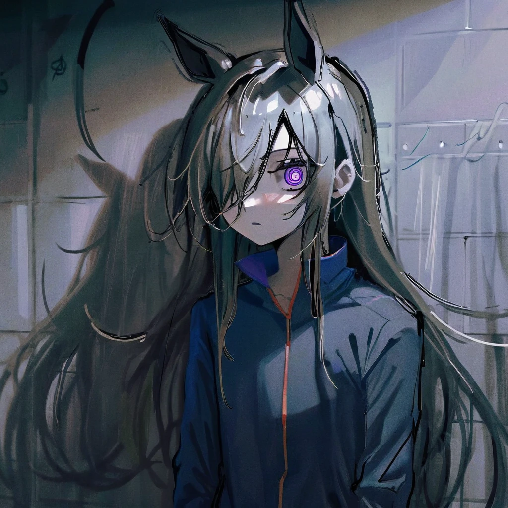 best quality, aesthetic, detailed, by ziyun, 1girl, rice shower, hair over one eye, long hair, horse ears, purple eyes, squiggle, sportswear, detailed face, dark room messy room, shadow dim light, rim lighting 