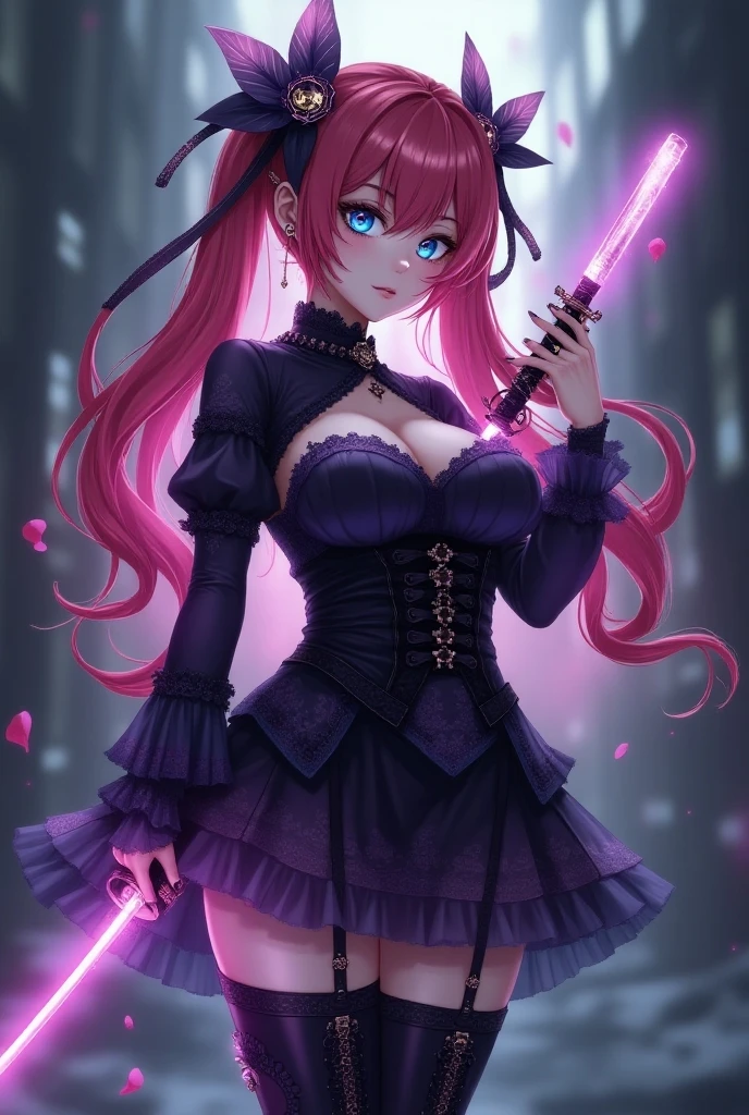 A pink haired woman with violet eyes with an hourglass figure is sniffing a rose