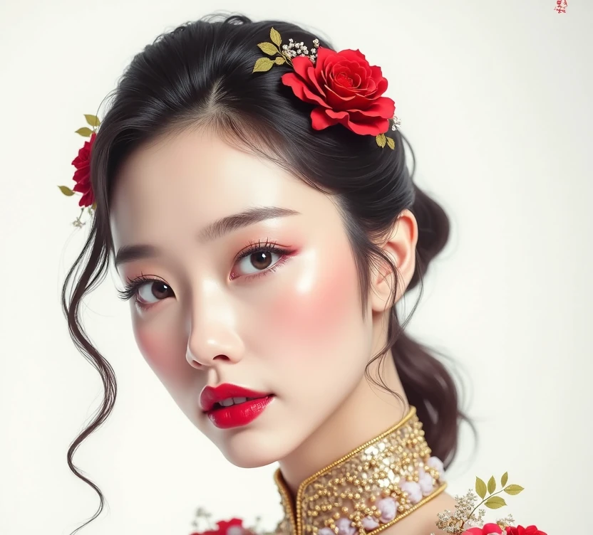 Chinese face,One picture,full body photo,sexy woman,Red and pink lipstick((,holding flowers)),Elegant and proportionate shape,sweet smile,be happy