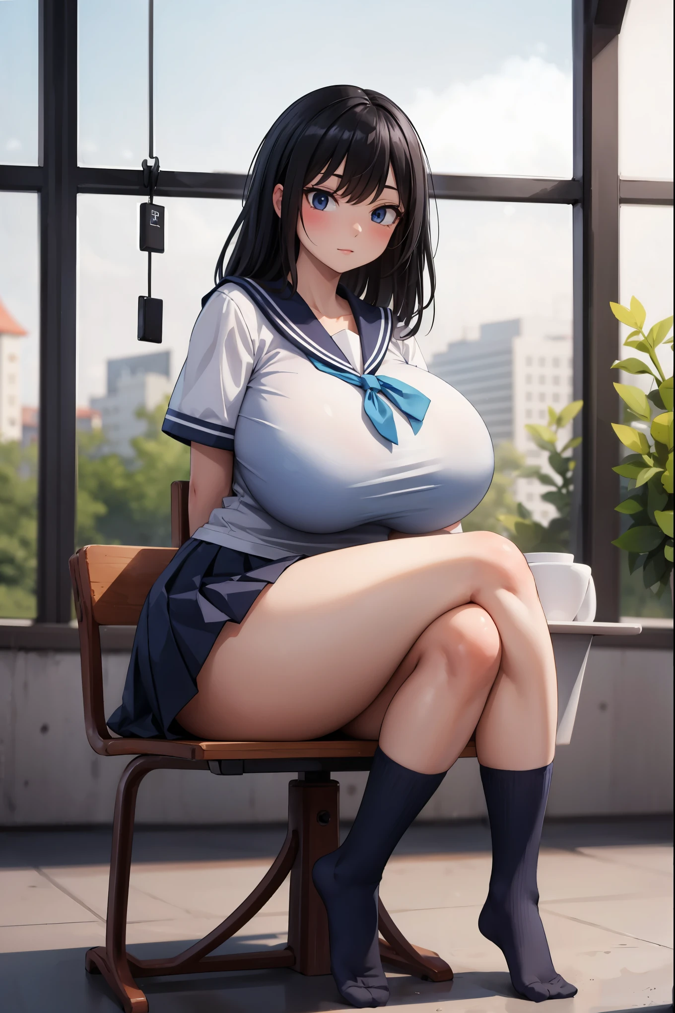 1girl in, Parted lips, blush, makeup, lightsmile, School uniform, Full body, Wide Angle, From  above, crass room, llight rays, Glow, thighs thighs thighs thighs, 鎖骨, Narrow waist, (masutepiece), Wallpaper,Wet body、Micro lingerie that can be seen even over clothes、Drooling、White socks、Open your crotch、Breast bulge