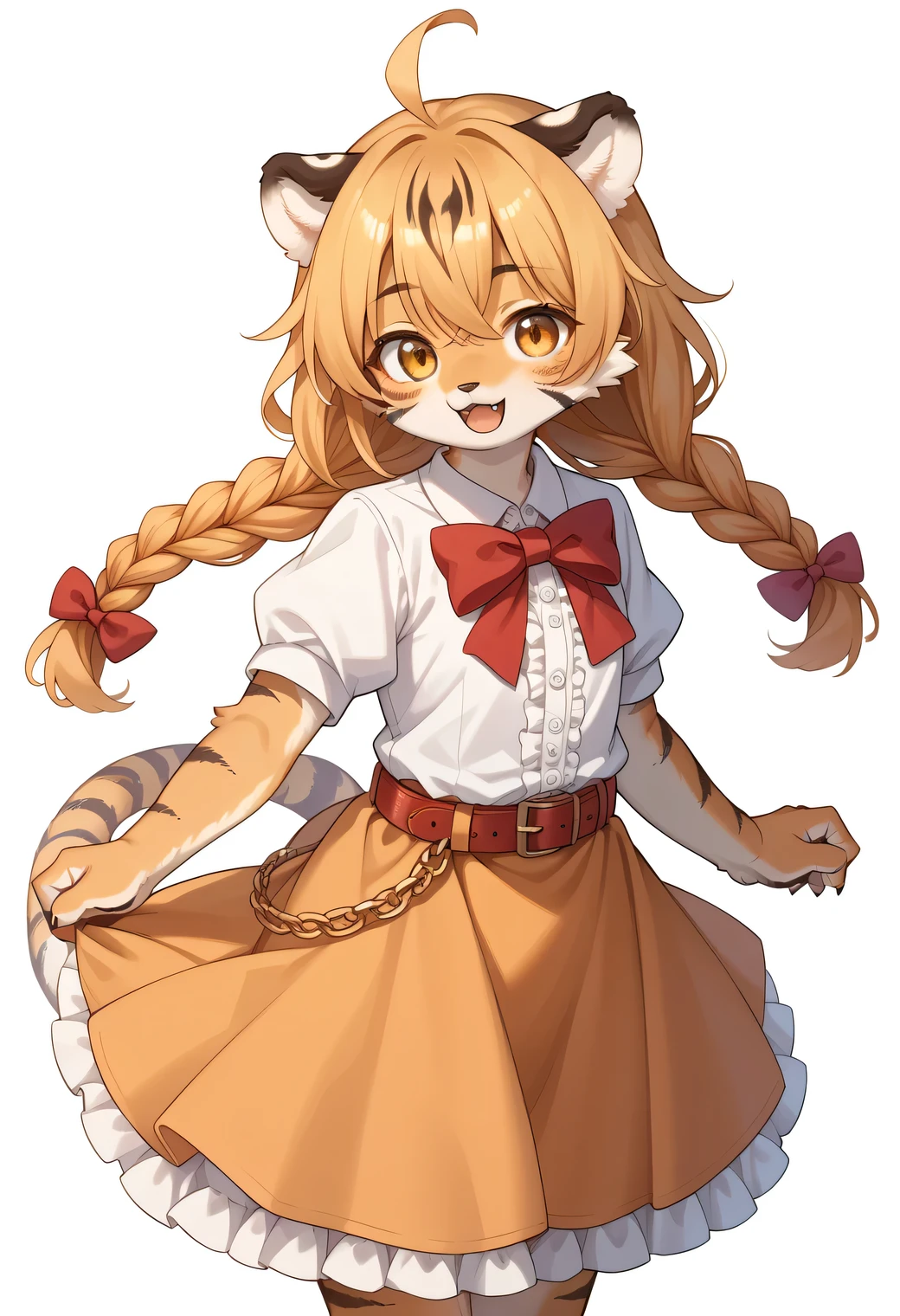 score_9, score_8_up, score_7_up, score_6_up, score_5_up, score_4_up, source_anime, best quality, amazing quality, very aesthetic, absurdres, 1girl, (furry, kemono), tiger, tiger girl, ahoge, animal_ears, bangs, belt, bow, braid, brown_hair, frills, hair_between_eyes, long_hair, looking_at_viewer, open_mouth, puffy_short_sleeves, puffy_sleeves, short_sleeves, simple_background, skirt, solo, striped, tail, twin_braids, white_background, yellow_eyes,