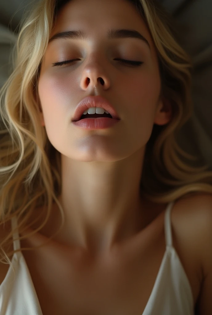realistic, topless, nude, woman, beautiful mouth, mouth focus, sexy, lick, blonde, orgasm, eyes are slightly open, eyes are askew up between the eyebrows in ecstasy, deep cleavage teasing a firm breast, 19mm lens, top down POV on the sitting on the floor girl with her mouth open, semen squirting out of penis into her mouth, topless, Jennifer Lawrence, blushing
