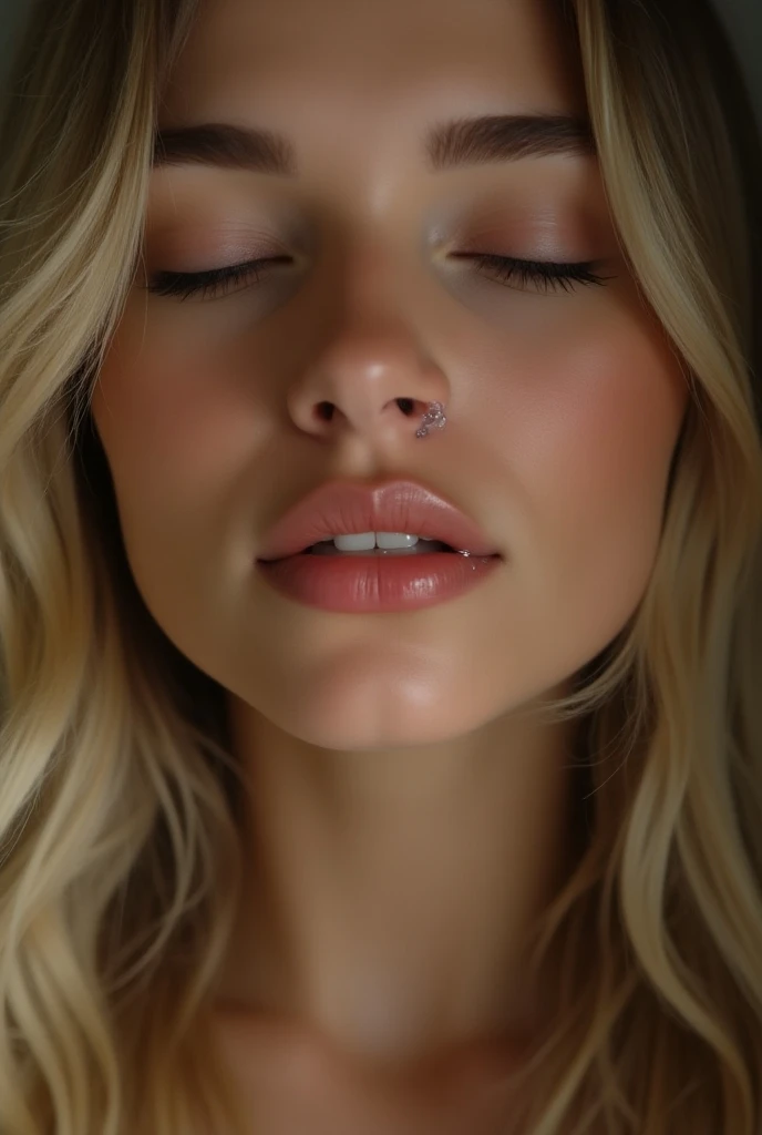 (best quality, 8k, highres, photorealistic:2.0), (solo, one girl:2.0),(lighting: front),(lighting: strong),(Russian Beauty:2.0),(shiny skin:1.5),(oily skin:1.5),(platinum blonde hair:1.5),Blush brown makeup , dark eye makeup , use pink glossy lipstick,(big eyes girl),(emphasize cleavage),(shoulder strapless tiny micro bikini top),((big breasts)),(girl screaming loudly:1.2),(Drooling and sucking gesture:1.5),(fist under chin:1.5),(drool),(look at the viewer:1.6)