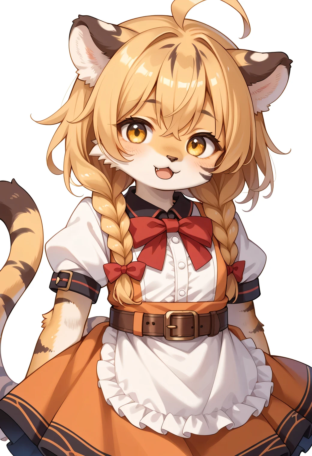 score_9, score_8_up, score_7_up, score_6_up, score_5_up, score_4_up, source_anime, best quality, amazing quality, very aesthetic, absurdres, 1girl, (furry, kemono), tiger, tiger girl, ahoge, animal_ears, bangs, belt, bow, braid, brown_hair, frills, hair_between_eyes, long_hair, looking_at_viewer, open_mouth, puffy_short_sleeves, puffy_sleeves, short_sleeves, simple_background, skirt, solo, striped, tail, twin_braids, white_background, yellow_eyes,