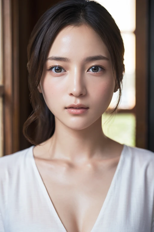 Photorealistic, high resolution, 1woman, Solo, view the viewer, (Detailed face), Naked with white shirt, Rain, beautiful face