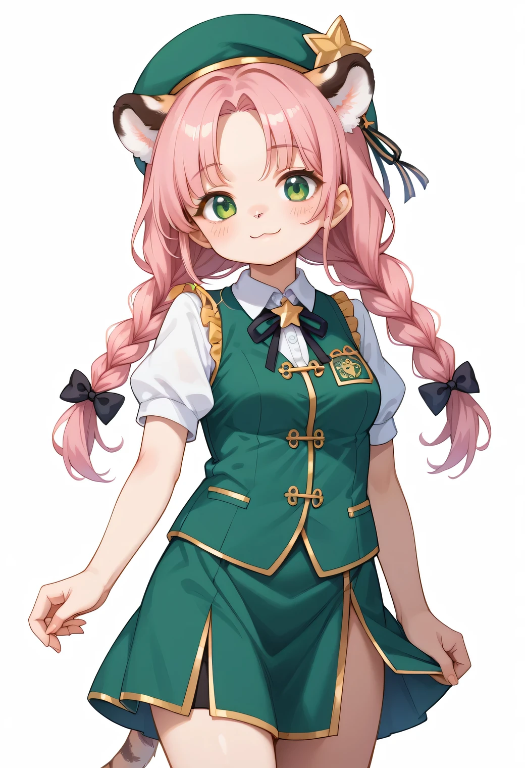 score_9, score_8_up, score_7_up, score_6_up, score_5_up, score_4_up, source_anime, best quality, amazing quality, very aesthetic, absurdres, 1girl, (furry, kemono), tiger, tiger girl, long hair, solo, star (symbol), star hat ornament, hat, red hair, twin braids, braid, hat ornament, smile, short sleeves, green headwear, looking at viewer, skirt, puffy short sleeves, puffy sleeves, breasts, vest, green vest, shirt, white shirt, blush, chinese clothes, beret, green skirt, cowboy shot, green eyes, simple background, closed mouth, bow, neck ribbon, black ribbon, ribbon, side slit, medium breasts, hair bow, frills, parted bangs, black bow, white background, standing, collared shirt, A detailed digital illustration of an anime girl with pink hair and a green hat. Her outfit is adorned with purple, white, and blue accents. Her eyes are a piercing blue, and her hair is flowing in a flowing fashion. The background is a pale pale pink, and the illustration is a vibrant contrast.