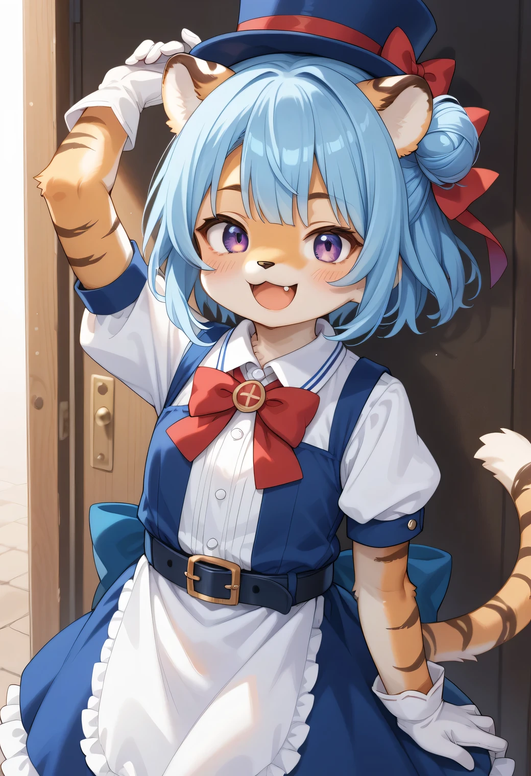 score_9, score_8_up, score_7_up, score_6_up, score_5_up, score_4_up, source_anime, best quality, amazing quality, very aesthetic, absurdres, 1girl, (furry, kemono1.2), tiger, tiger girl, solo, blue hair, gloves, white gloves, bow, red bow, hair bun, hat, short sleeves, blue headwear, purple eyes, puffy sleeves, smile, open mouth, red bowtie, dress, bowtie, belt, virtual youtuber, puffy short sleeves, shirt, blue dress, blush, fangs, white shirt, arm up, looking at viewer, single side bun, :d, single hair bun, short hair, fang, hat bow, collared shirt, sleeveless, sleeveless dress, top hat